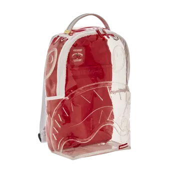 a red and white backpack on a white background