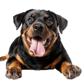 a black and brown dog laying down with its tongue out
