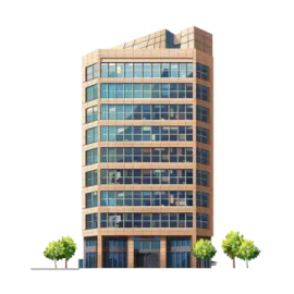 an office building with glass windows and trees