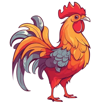 a rooster with a red and yellow tail