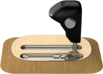 a wooden desk with a metal handle on it