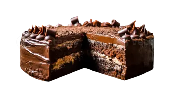 a piece of chocolate cake on a white background
