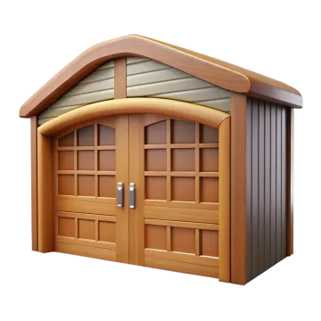 a wooden shed with two doors and windows
