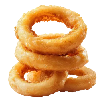 a pile of onion rings on a white background