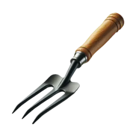 a black and white fork with wooden handle