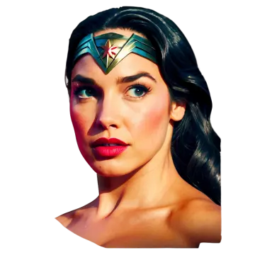 a close up of a woman's face wearing a wonder costume