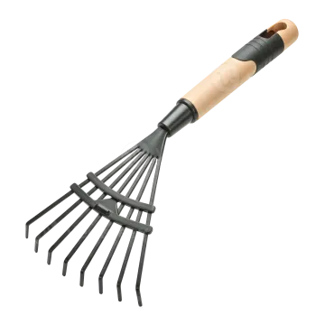 a black rake with wooden handle on a white background