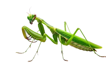a green praying mantis on a white background