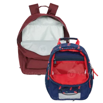 a red and blue backpack on a white background