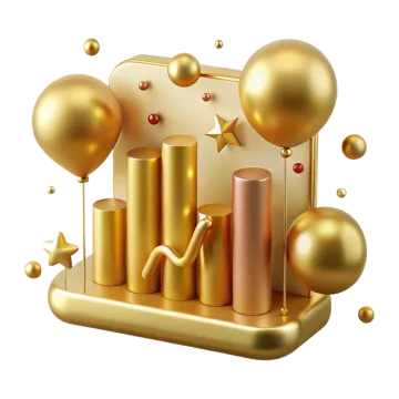 a gold bar chart with balloons and stars