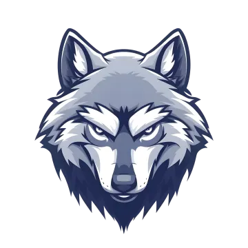 the head of a wolf with blue eyes on a white background