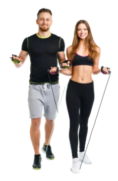 a man and woman walking on a white background