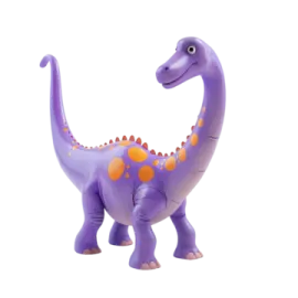 a purple toy dinosaur with orange spots