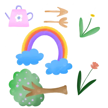 an illustration of a rainbow with flowers and waterings