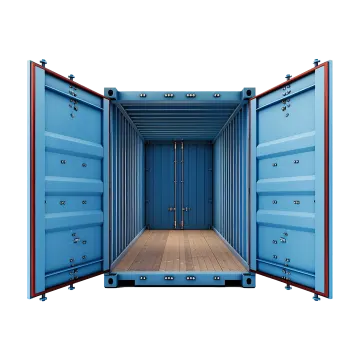 a blue shipping container with its doors open