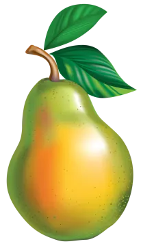 a pear with green leaves on it