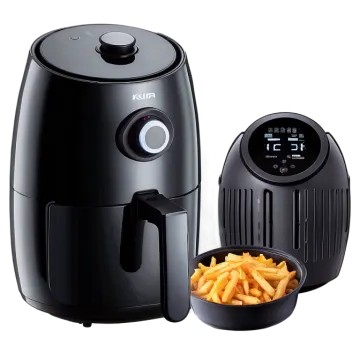 a black air fryer next to a bowl of fries