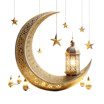 a crescent with a lantern and stars hanging from it