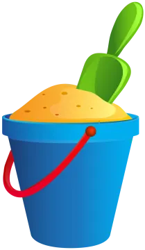 a bucket filled with sand and a shovel