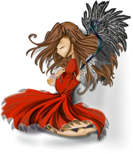 a girl in a red dress with a bird on her shoulder
