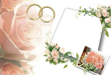 a wedding photo frame with two rings and flowers