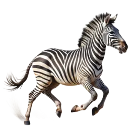 a zebra running across a white background