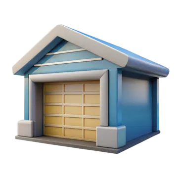 a garage with a blue roof and white walls