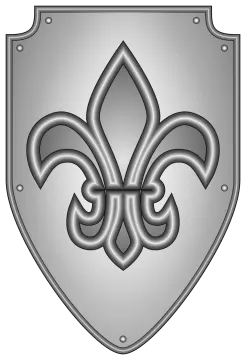 a black and white image of a fleuron shield