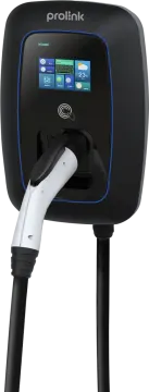 a black and blue charging station with a white cable