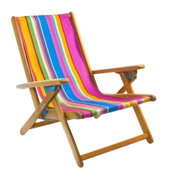 a wooden deck chair with colorful stripes