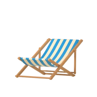 a wooden deck chair with blue and white stripes