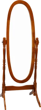an oval mirror on a wooden stand