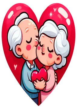 an elderly couple kissing in front of a heart