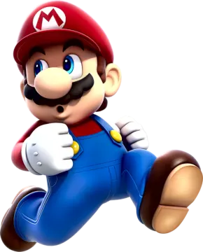 a cartoon character with a red hat and blue pants