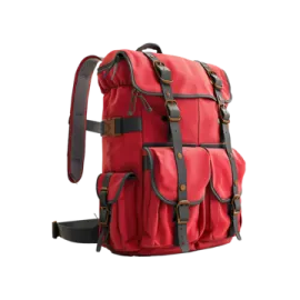 a red backpack with brown straps