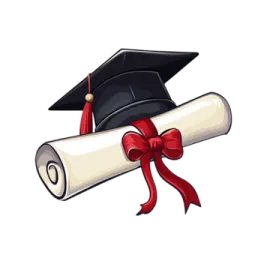 a graduation cap and diploma with red ribbon