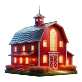 a red barn with a light on the roof