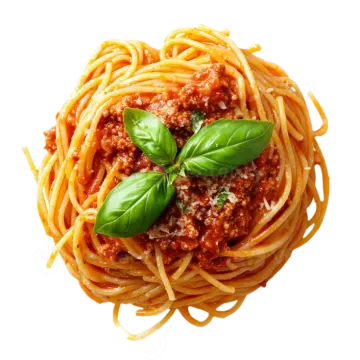 spaghetti with tomato sauce and basil on white background