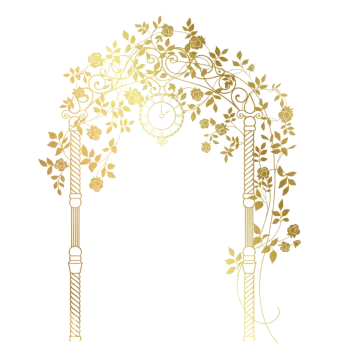 a gold wedding arch with flowers and vines