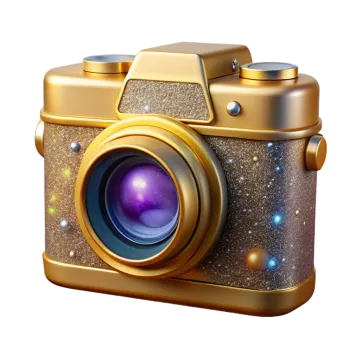 a gold camera with a purple lens