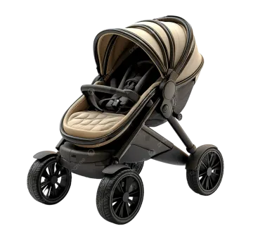 the baby stroller is shown in a black and beige color