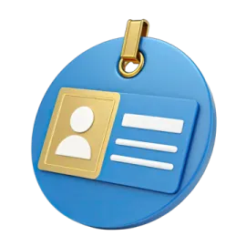 a blue and gold id badge with an image of a person