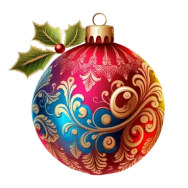 a red and blue christmas ball with holly leaves