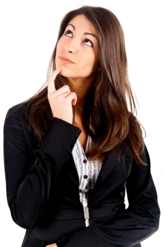 a woman in a business suit with her hand on her chin