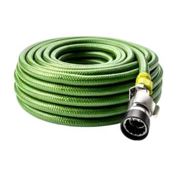 a green garden hose on a white background