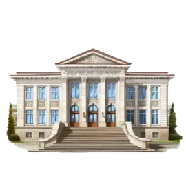 a drawing of a building with stairs leading up to it