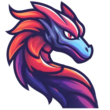 the head of a fox with a red and blue tail