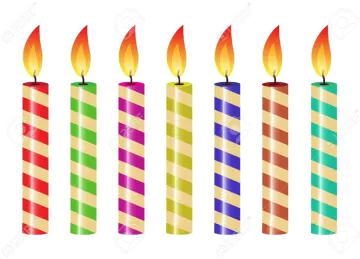 four burning candles with colorful stripes on a white background