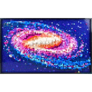 a painting of a pink and blue eye on a white background