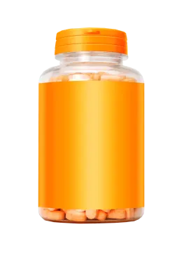 a glass jar filled with orange pills